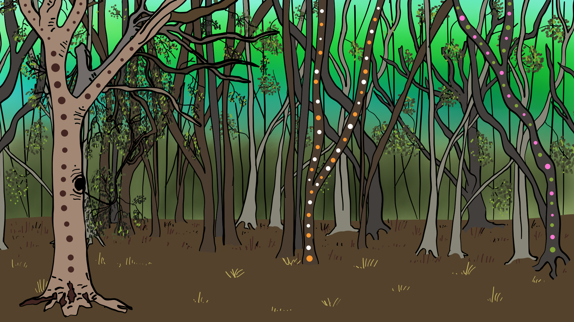 Aboriginal artwork of a diverse forest with dot artwork running up some trees.