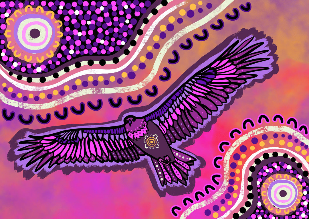 Aboriginal artwork with a bird in the middle and dot art above and below the bird.